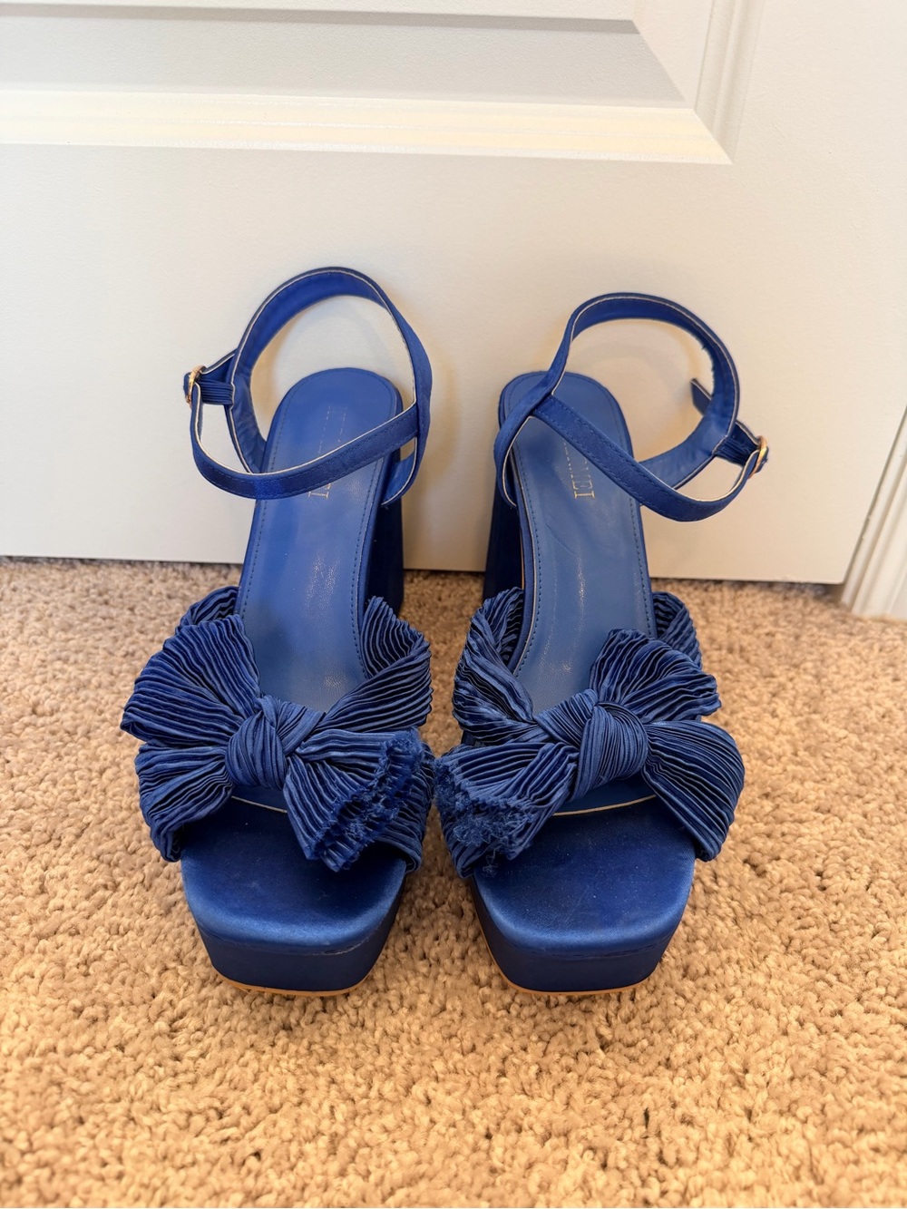 Satin Blue Platform Sandals with Knotted Bow